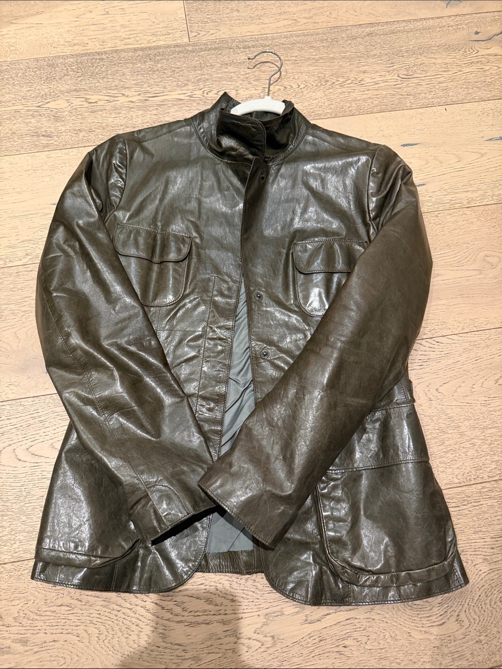 Women's Olive Green Leather Jacket with Front Flap Pockets